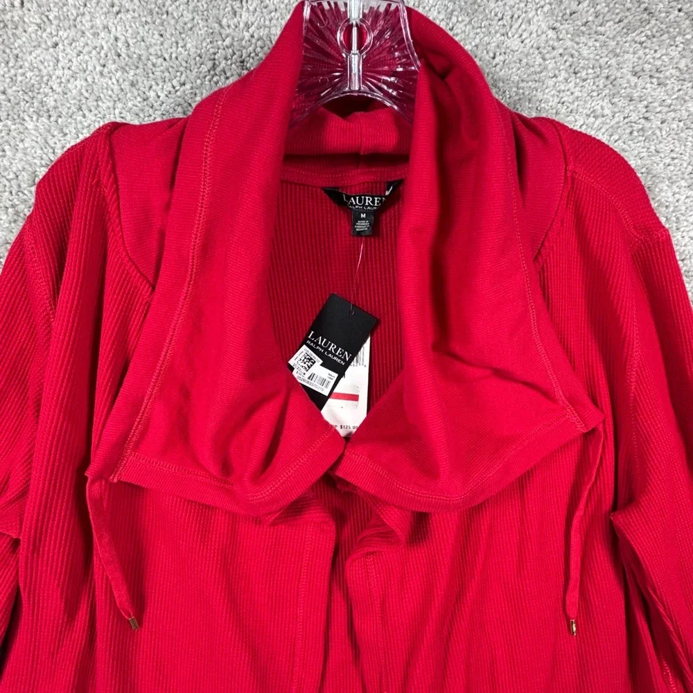Lauren Ralph  Womens Open Cardigan Red Waffle Knit Shawl Collar Size M‎ NEW